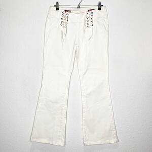 Vintage Guess Double Tie Lace Front Flare White Jeans Y2K Festival Boho